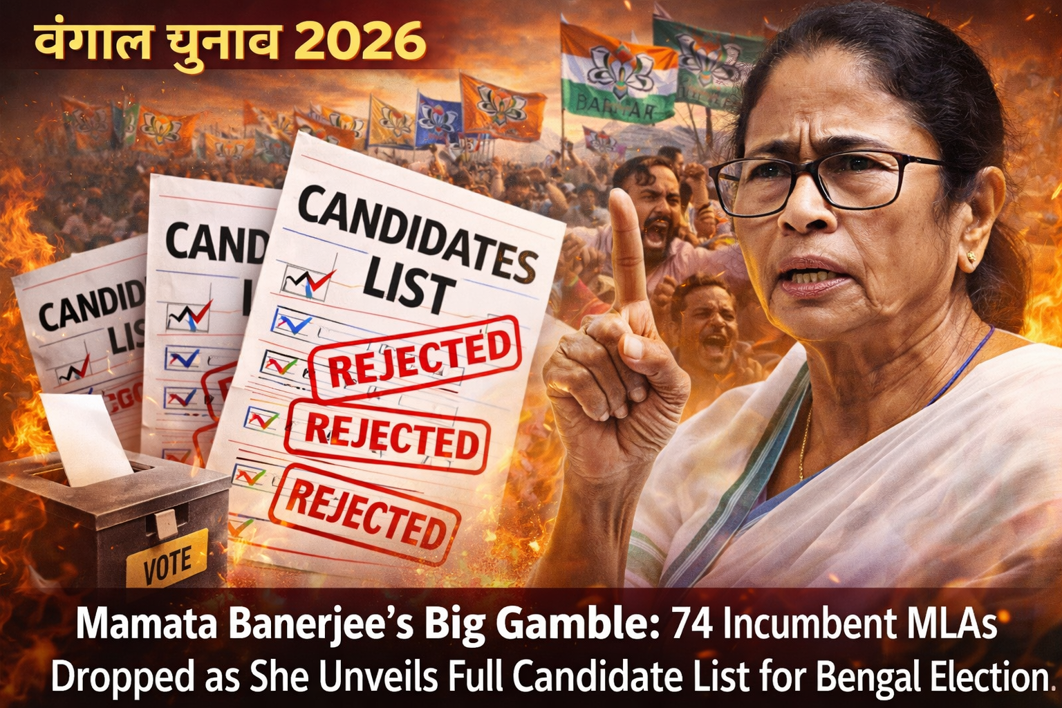 बंगाल चुनाव 2026: ममता बनर्जी का बड़ा फैसला, 74 विधायकों के टिकट कटे